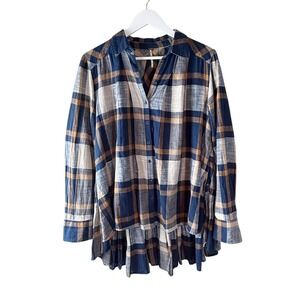Free People Women's Plaid Button Down Shirt Tunic Ruffle Hem Long‎ Sleeve Small